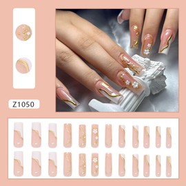 FIEONCIY Press on Nails Coffin Long Length Acrylic Glossy Full Cover Square Shaped French False Nails with Designs Artificial Extra Long Fake Nails with Charms Glue ons Fingernails for Women(Z1050)