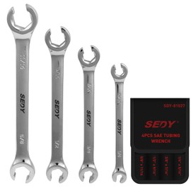 4-Piece Flare Nut Wrench Set - SAE Brake Line Wrench 1/4, 5/16, 3/8, 7/16, 1/2, 9/16, 5/8, 11/16-inch, Professional Offset Heads, Portable Organizer Pouch Included