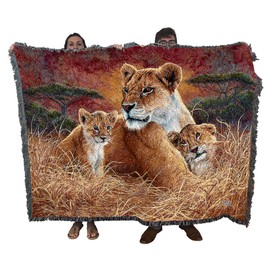 Motherly Lioness and Cubs - Lucie Bilodeau - Blanket Throw Woven from Cotton - Made in The USA (72x54)