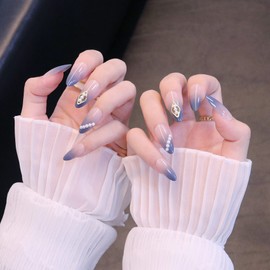 24pcs Navy Gradient Nail Tips French Nail Pearls for Wedding, Party, Holiday, Dating, Prom and Daily Life