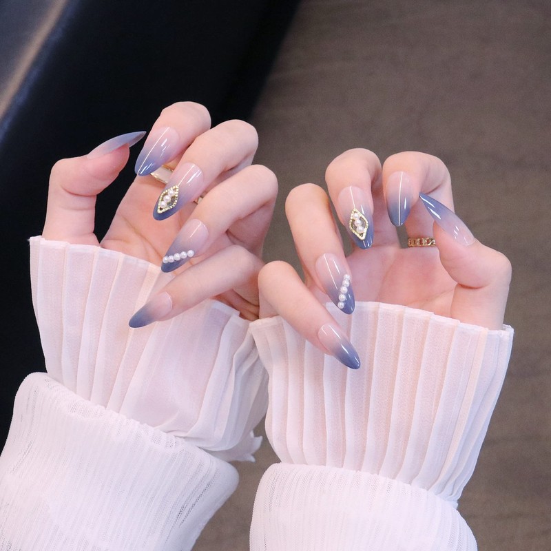 24pcs Navy Gradient Nail Tips French Nail Pearls for Wedding,
