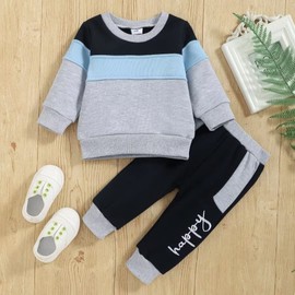 Baby Boy Clothes 18-24 Months Toddler Long Sleeve Patchwork Sweatshirt Tops + Pants Fall Winter Outfit Set, Blue Grey boy clothes 18-24M/120cm