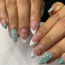 Viugex 24Pcs Press on Nails Almond, 3D Handmade French False Nails Medium, Glossy Green Camellia Soft Gel Fake Nail with Pearl & Gold Bead, Artificial Full Cover Stick on Nails for Women Manicure