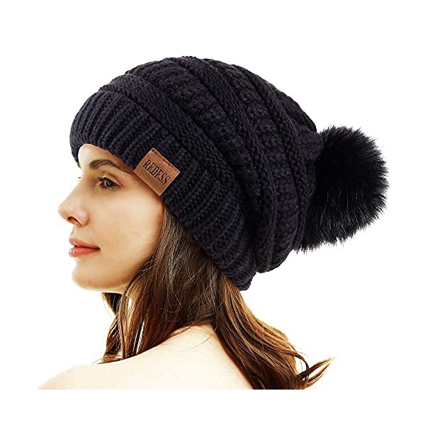 REDESS Women Winter Pom Pom Beanie Hat with Warm Fleece Lined, Black