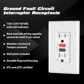 ELECTECK GFCI Outlets 15 Amp, Outdoor Weather Resistant (WR), Decor GFI Receptacles with LED Indicator, Ground Fault Circuit Interrupter, Wallplate Included, cETL Certified, Black/Red Button