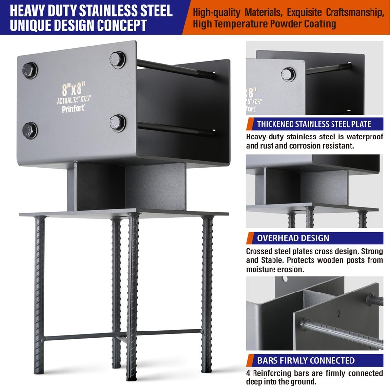 Prinfort Stainless Steel 8"x8"(Actual 7.5"x7.5") Post Base Bracket Concrete, Wet