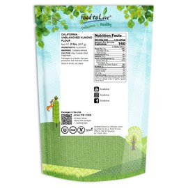 Food to Live California Unblanched Almond Flour, 2 Pounds - Natural Meal, Finely Milled with Skin On, Raw Kosher Vegan Keto Paleo, Low Carb Low Sodium, Good Source of Fiber and Protein