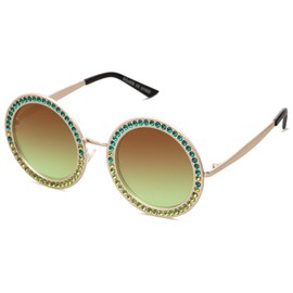 SOJOS Shining Oversized Round Rhinestone Sunglasses Festival Gem Sunnies SJ1095 with Gold Frame/Gradient Green Lens with Green Diamonds