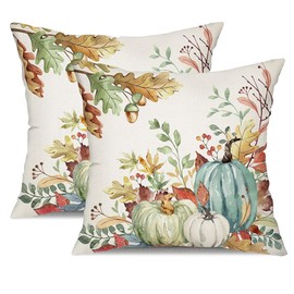 DFXSZ Fall Pillow Covers 18x18 inch Set of 2 Green Watercolor Pumpkin Fallen Leaves Decorative Throw Pillow Covers Autumn Thanksgiving Farmhouse Decoration for Home Couch TH27-F18