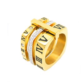 PAMTIER Women's Stainless Steel Square Style with Zirconia Roman Numerals 3 in 1 Ring Gold Size 5.5