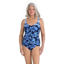 Maxine Of Hollywood Women's Standard Side Shirred Girl Leg One Piece Swimsuit, Indigo//Shibori Vines