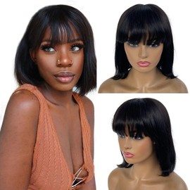 Belaved Bob Human Hair Wigs with Bangs 2x1 HD Lace Scalp Glueless Wig Natural Black Short Bob Wig with Bangs for Black Women 10 Inches Yaki Straight Human Hair