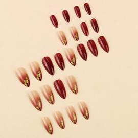 MERVF Almond Press on Nails Medium Fake Wine Red Ombre French Tip Glue ons Nail Gold Design Stiletto Acrylic Burgundy Manicure Glossy 24pcs