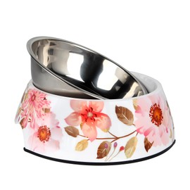 SLZZ 2 in 1 Food Water Bowls - Non Slip Skid Proof Heavy Duty Pet Bowls for Feeding Drinking Small Medium Large Dogs Cats Puppies (Pink Flower, L:28 OZ)