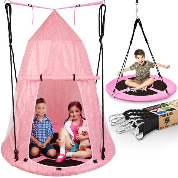 SereneLife 40" Kids Hanging Tent Swing, Outdoor Saucer Swing with Hang Kit and Swinging Swivel Spinner (Pink)