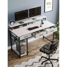 Rolanstar Computer Desk with Power Outlets & LED Light, 39 inch Home Office Desk with 3 Drawers and Storage Shelves, Writing Desk with Monitor Stand, Work Desk for Home Office,White