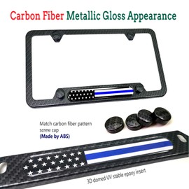 FBJTDQ Police Thin Blue Line License Plate Frame- Patriotic Carbon Fiber Car Tag Holder, American Flag Black Aluminum Bracket with Screw, Cap Covers, Decal, Novelty Gift for Law Enforcement, 1 Pack