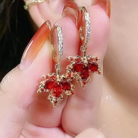 Red Maple Leaf Earrings Thanksgiving Earrings for Women Rhinestone Maple Leaf Dangle Hoop Earrings Crystal Autumn Earrings Thanksgiving Fall Jewelry Gifts for Women(A)