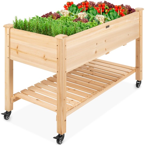 Best Choice Products Raised Garden Bed 48x24x32-inch Mobile Elevated Wood Planter w/Lockable Wheels, Storage Shelf, Protective Liner - Natural