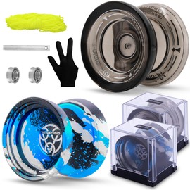 YOYOSTUDIO Yoyo Professional Responsive Yoyo H17, Dual Purpose Metal Yoyos for Kids Beginner, Unresponsive Yo yo Bearing for Adults with Removal Bearing Tool, 10 String, Case & Glove (Black and Blue)