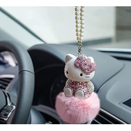Cute Mirror Charms and Plush Ball Car Accessories for Women - Crystal and Diamond Cat Rear View Mirror Hanging Ornaments and Decor