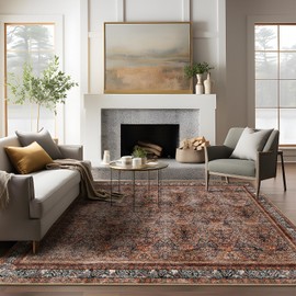 Phantoscope Vintage Collection Area Rug - 8'x10' Large Living Room Rug - Washable Boho Non-Slip for Bedroom & Dining Room, Distressed Accent Floor Carpet, Low-Pile, Brick Red/Black