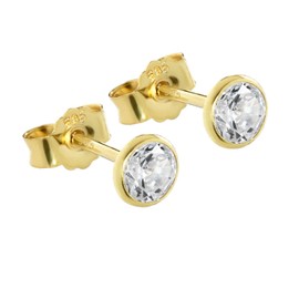 NKlaus Pair of Stud Earrings Real Gold 585 14 Carat 4.5 mm Cubic Crystal Zirconia Women Men Children 1748, Yellow Gold, Cubic Zirconia