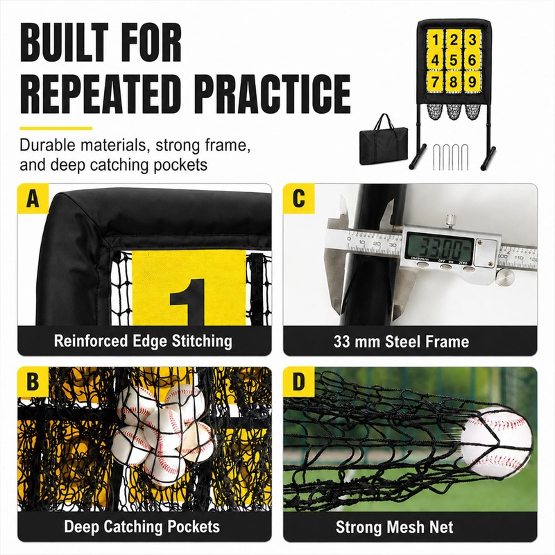 Malletra 9 Hole Baseball Pitching Net with Pitching Target, Adjustable