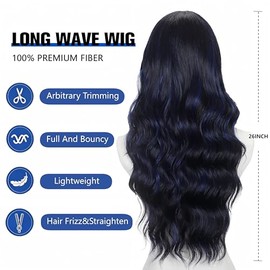 Pelucas con flequillo, peluca larga rizada para mujer, 26 pulgadas, cabello sintético (negro/azul mezclado)