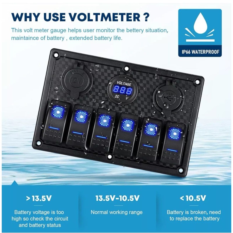 Universal 6 Gang Marine Boat Rocker Switch Panel Waterproof +