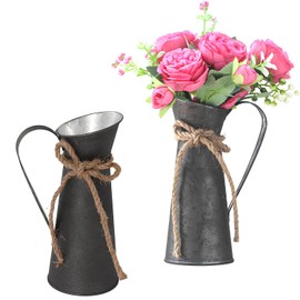 Set of 2 Milk Jugs Decorative Small, Vintage Deco Vase, Retro Deco Milk Jug, Vintage Decorative Metal Flower Vase Set, Rustic Decorative Metal Milk Jugs for Wedding Decoration, Garden Table Decoration