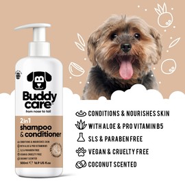 Buddycare 2-in-1 Dog Shampoo and Conditioner (500 ml) - Practical Dog Shampoo Long Hair and Puppy Shampoo with Aloe Vera and Pro-Vitamin B5 Replenishing Shampoo for All Dog Breeds