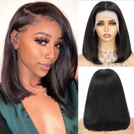 14 Inch Bob Human Hair Wig,Short 13x4 Lace Front Wigs for Women Human Hair,Straight 180% Density Transparent Lace Frontal Wig,Natural Black Brazilian Real Hair