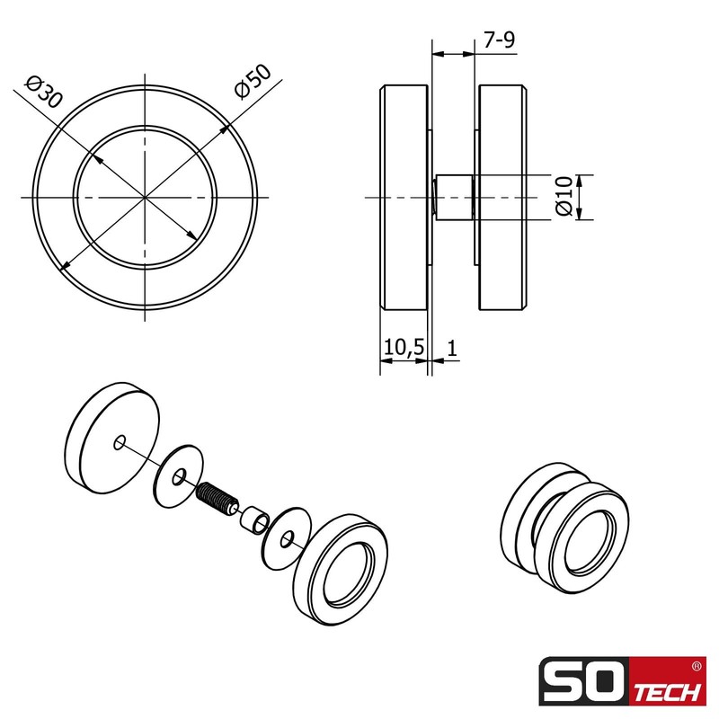 SOTECH KAJA Sliding Door Handles Diameter 50 mm Brushed Stainless