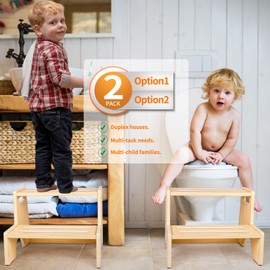 2 Pack Toddler Step Stool Wooden Step Stool for Kids with Anti-Slip Surface and Pads 2 Step Stool with Handles for Bathroom Sink Kitchen Bed Toilet Potty Training
