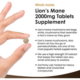 NEW LEAF PRODUCTS Lions Mane Mushroom 2000mg - 365 High Strength Vegan Tablets - Lion's Mane Supplement with Black Pepper - Lion's Mane Mushrooms Extract (Not Powder or Capsules) Made in The UK by New Leaf Products