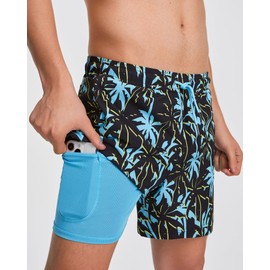 MaaMgic Mens Swim Trunks with Compression Liner 2 in 1 Swimming Shorts Stretch 5.5" Quick Dry Bathing Suits,Palm Tree Black,Medium