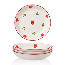 CHILDIKE Cute Strawberry Plates Set of 4, 20 OZ Porcelain Small Pasta Bowls, 8 Inch Dessert Plates for Berry, Fruit and Appetizer, Microwave & Dishwasher Safe, Perfect for Women Gift, Family Party