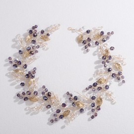 Lenjicons Dainty Rhinestone Beads Hair Vine Gold Leaf Crystal Beads Hairband Handmade Leaf Rhinestone Headpiece Vintage Leaves Beads Hair Vine for Wedding Women (purple, free size)