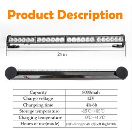 LE-JX 24” Amber Wireless Traffic Advisor Emergency Lights Bar Battery Led Strobe Warning Light Roof Top Hazard Flash with Magnetic Base Mount and 12V Rechargeable Plug(24 LED,Yellow)