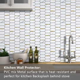 Vamos Tile Long Hexagon Peel and Stick Backsplash Tile - 10 Sheets Stick on Backsplash for Kitchen and Bathroom 12.4 x 12 Inch White Marble Look PVC Mixed Metal Gold Self Adhesive Mosaic Wall Tiles