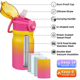 BJPKPK Water Bottle With Straw 14oz Insulated Water Bottles Reusable Stainless Steel Metal Thermos With Leak Proof Lockable Lid And Carry Handle,Rainbow