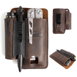 Topstache Leather Multitool Sheath with Belt Clip - Multitool Holster for Belt - EDC Belt Organizer Fits, Flashlight, Pen - Leather Pouch - Holder, Dark Brown