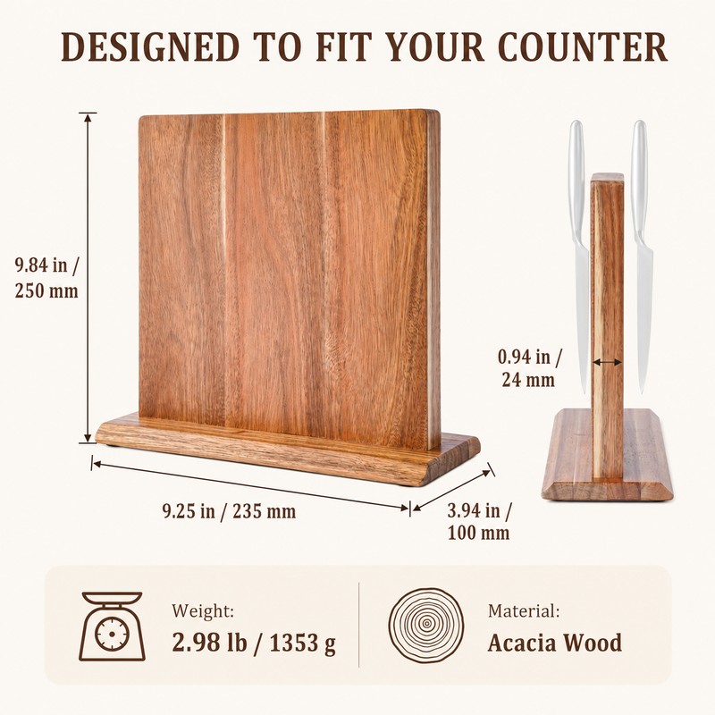 Acacia Wood Magnetic Knife Holder Stand for Kitchen Countertop