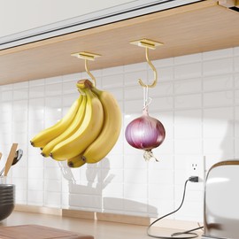 bussdis Banana Hook Under Cabinet - Adhesive Banana Hanger Under Counter, Metal Banana Holder Stand for Hanging Bananas or Kitchen Utensil, Keeps Bananas Fresh, Gold, 1 Pack