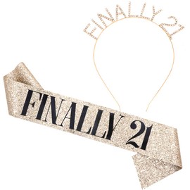 "Finally 21" Sash & Rhinestone Headband Set - 21st Birthday Gifts Birthday Sash for Women Birthday Party Supplies (Gold Glitter/Black)