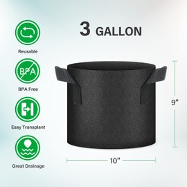 YSSOA 10-Pack 3 Gallon Grow Bags, Tomoato Plant Pots with Handles, Aeration Nonwoven Fabric, Heavy Duty Gardening Planter for Vegetable, Fruits and Flowers, Black