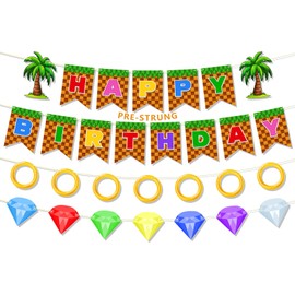 Hiyimipty Pre-Strung Cartoon Hedgehog Birthday Party Decorations, Happy Birthday Banner for Kids, Blue Hedgehog Themed Party Supplies, NO DIY