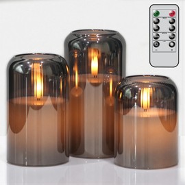 Lasumora Black Glass Flameless Candles with Remote, Battery Operated Ribbed LED Pillar Candles Flickering Real Wax Candle, 3D Wick with Pumpkin Shape Set of 3 (Φ 3" H 4" 5" 6")