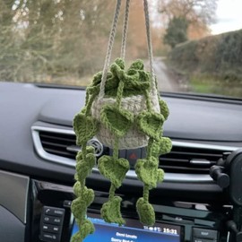 Bohemia Car Plant Crochet Hanging Basket Hanging Plant for Car Decor Car Accessories Cute Potted Plants Crochet Car Ornament Rear View Mirror Accessories Car Ornament for Friends Female